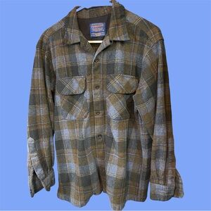 Pendleton Olive Gray Plaid Wool Board Shirt Jacket